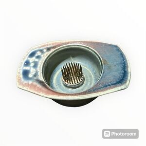 Studio Art Pottery Teal Blue Ceramic Flower Frog  Vase Signed 5” 1/4